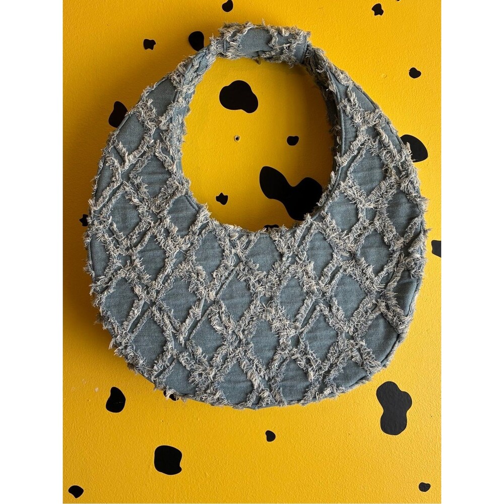 AKIRA Distressed Denim Crescent Shoulder Bag Frayed Lattice Hobo Purse Y2K